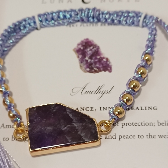 LUNA NORTE NATURAL AMETHYST GEMSTONES W/ TASSELS ADJUSTABLE STRING BRACELET - Picture 3 of 10